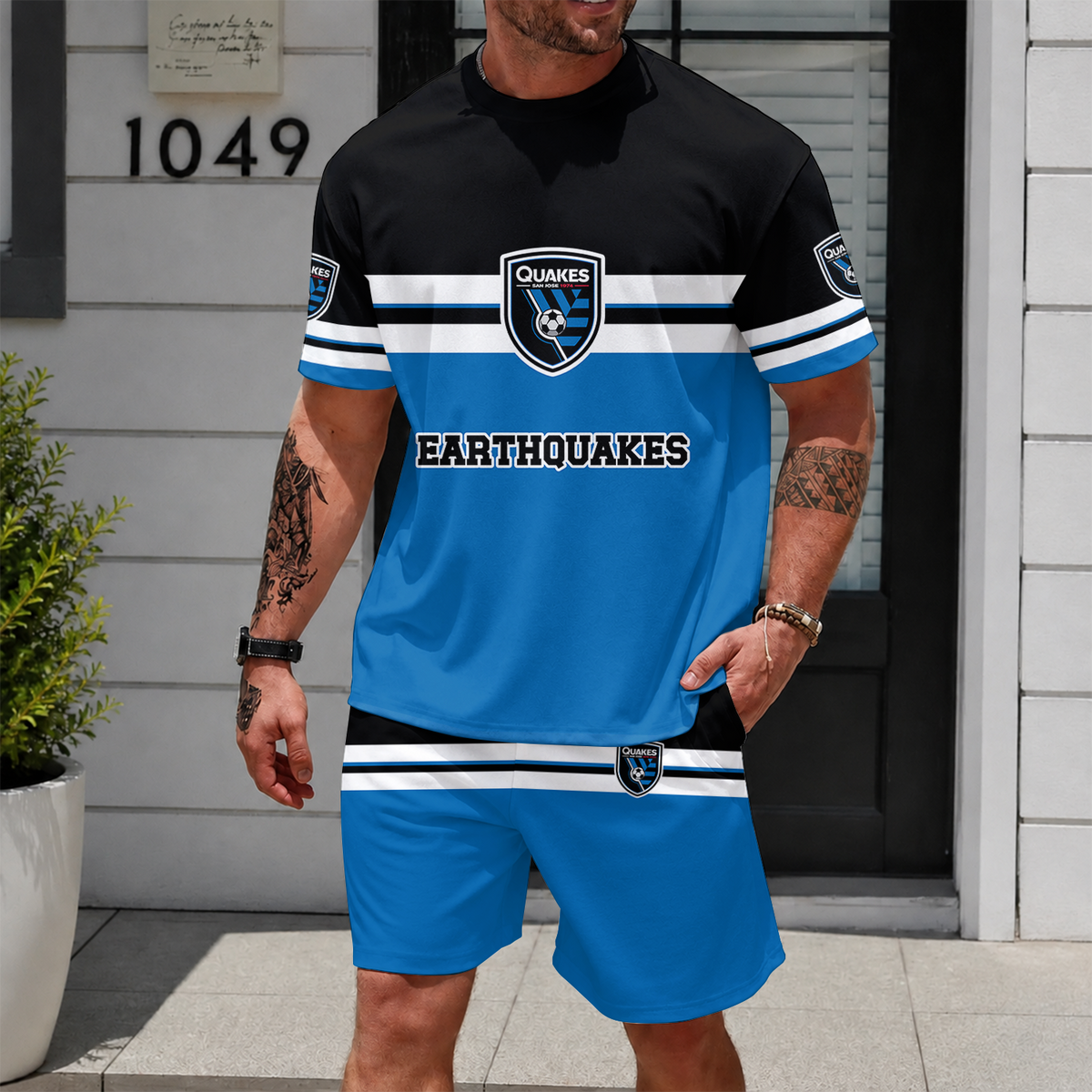 [GOAL DEAL] NEW CUSTOMIZED MLS17 SJE SAN JOSE EARTHQUAKES UNISEX T-SHIRT & SHORTS SET