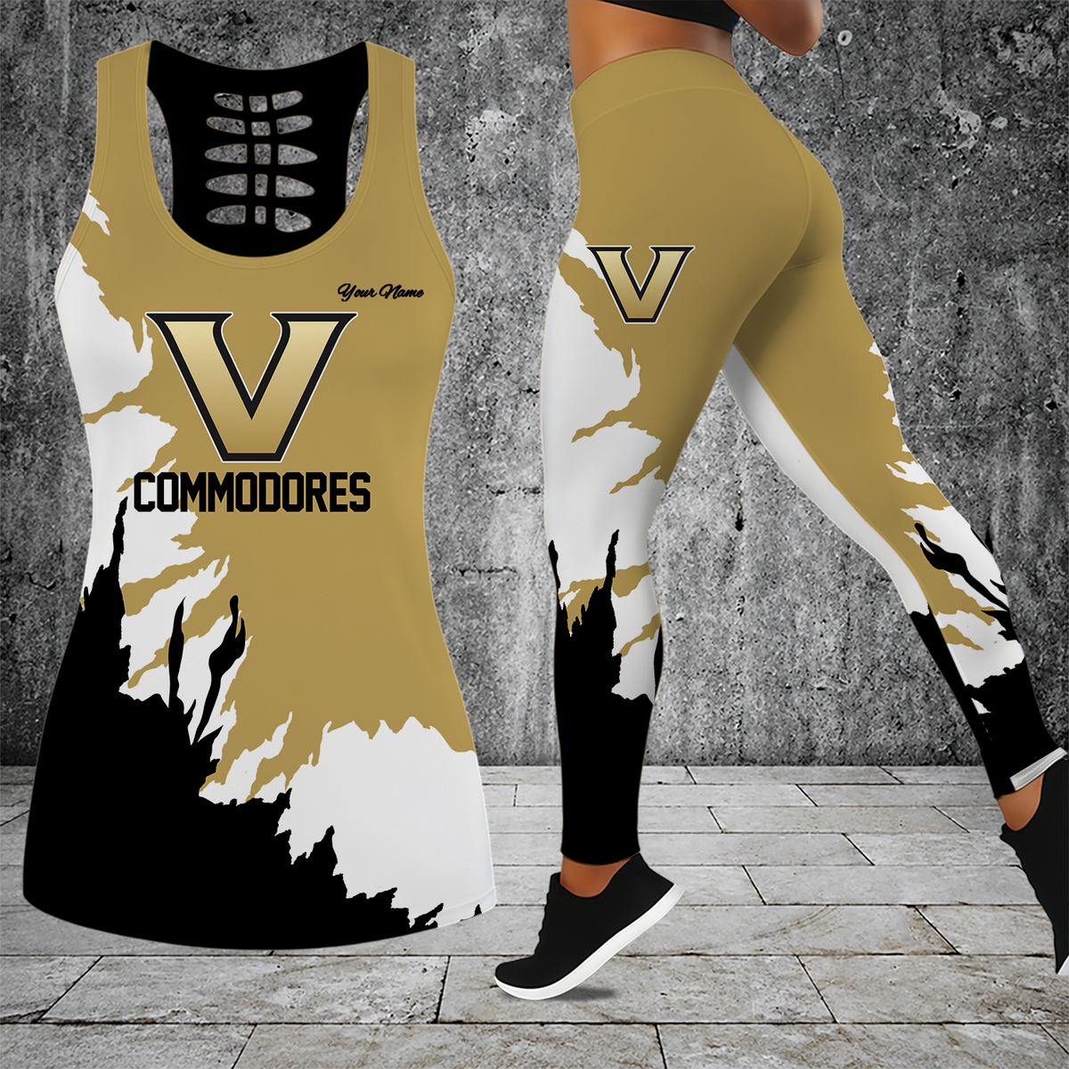 [HOMERUN DEAL] NEW CUSTOMIZED NCAA CWS17 VDC VANDERBILT COMMODORES HOLLOW TANK TOP & LEGGINGS SET