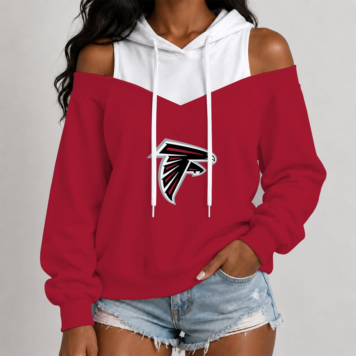 [TOUCHDOWN DEAL] NEW CUSTOMIZED NFL18 ATF THE FALCONS WOMEN'S OFF-SHOULDER HOODIE