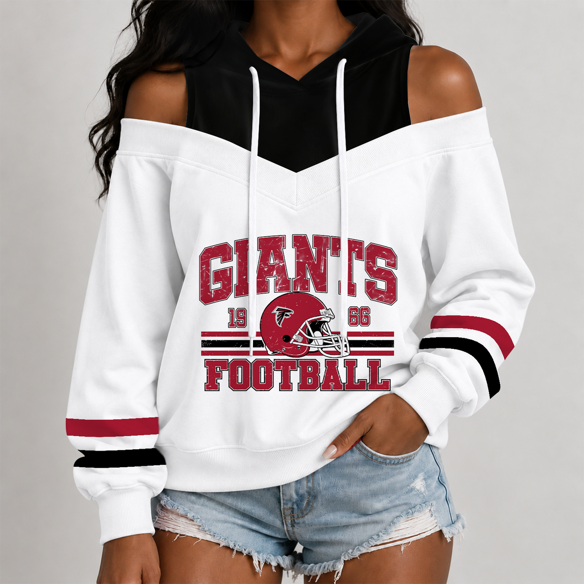 [TOUCHDOWN DEAL] NEW CUSTOMIZED NFL18 ATF THE FALCONS WOMEN'S OFF-SHOULDER HOODIE