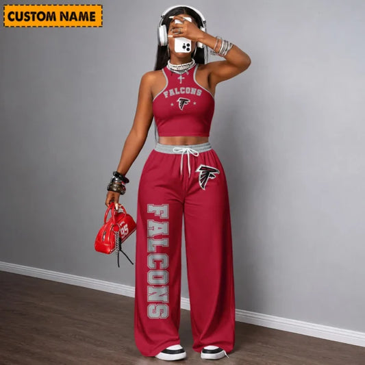 [TOUCHDOWN DEAL] NEW CUSTOMIZED NFL18 ATF ATLANTA FALCONS WOMEN'S CROP TOP & LONGPANTS SET