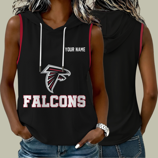 [TOUCHDOWN DEAL] NEW CUSTOMIZED NFL18 ATF ATLANTA FALCONS WOMEN'S SLEEVELESS HOODED POCKET TANK TOP
