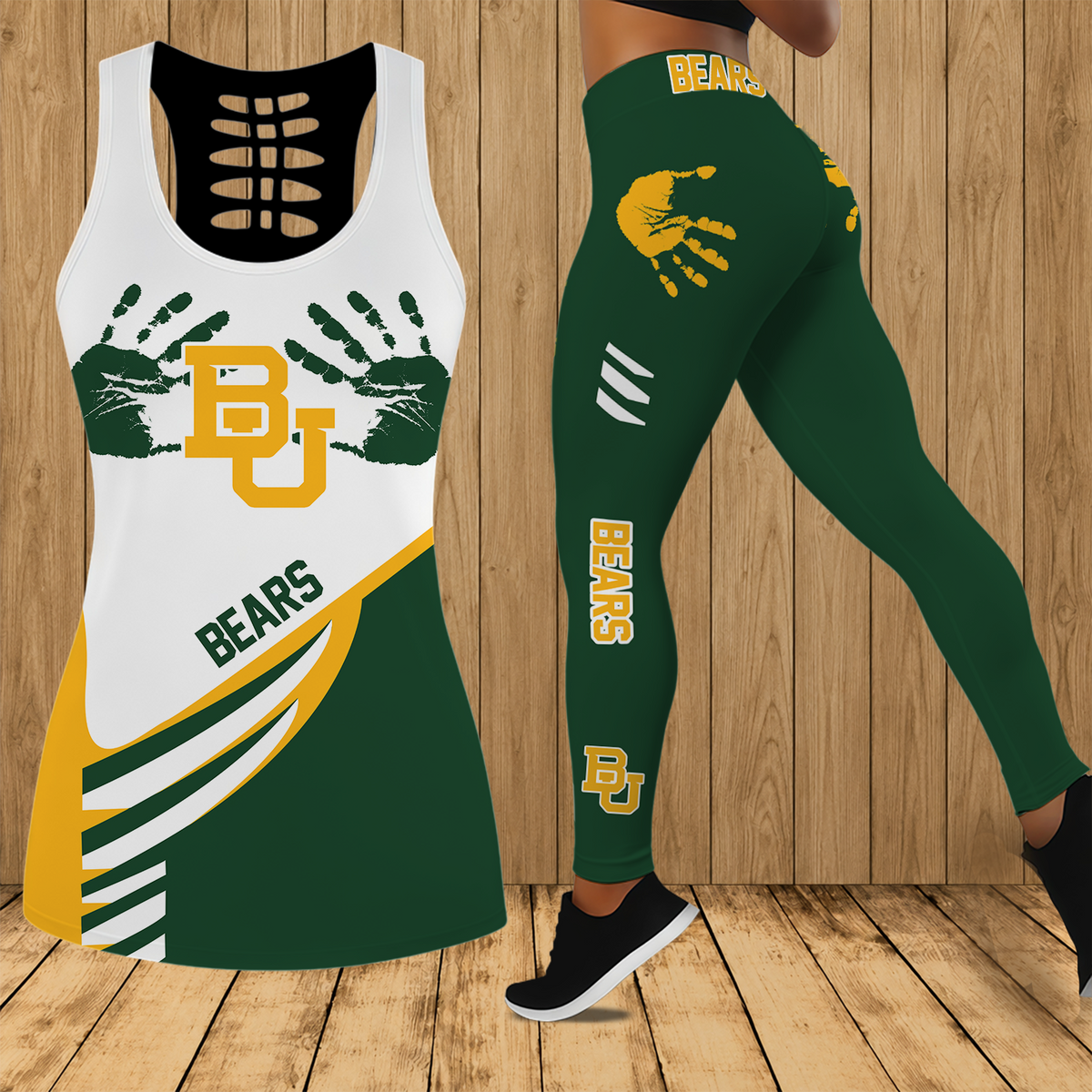 [SLAM DUNK DEAL] NEW CUSTOMIZED NCAA MAM18 BAB BAYLOR BEARS STRAPPY HOLLOW TANK TOP & LEGGINGS SET