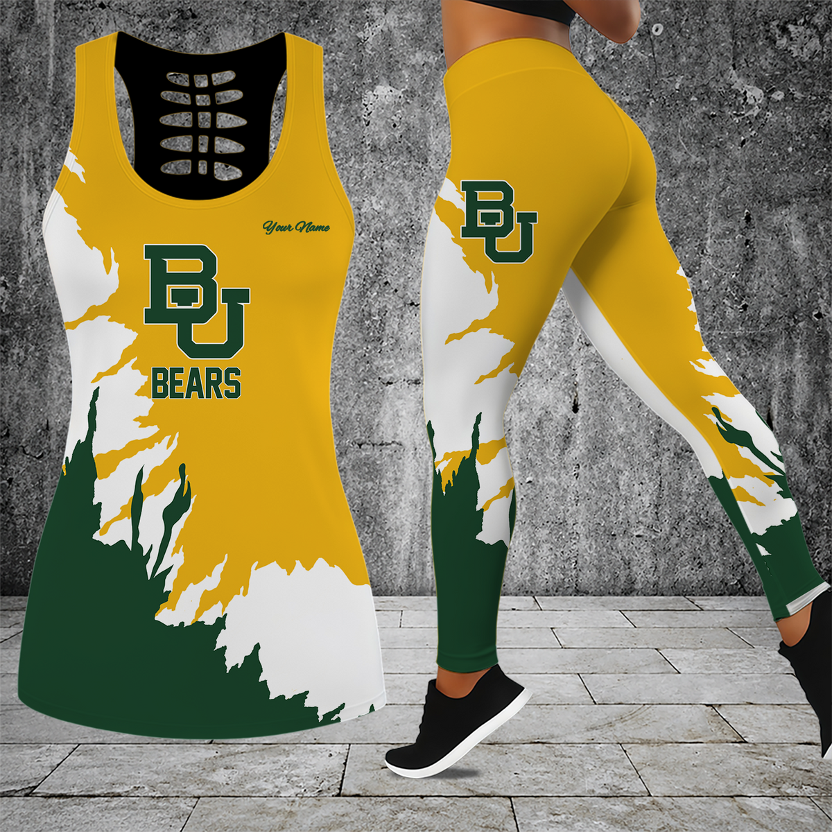 [SLAM DUNK DEAL] NEW CUSTOMIZED NCAA MAM18 BAB BAYLOR BEARS STRAPPY HOLLOW TANK TOP & LEGGINGS SET