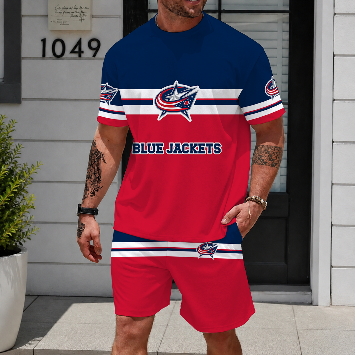 [SUPER SALE] NEW CUSTOMIZED NHL18 CBJ COLUMBUS BLUE JACKETS UNISEX T-SHIRT & SHORTS SET