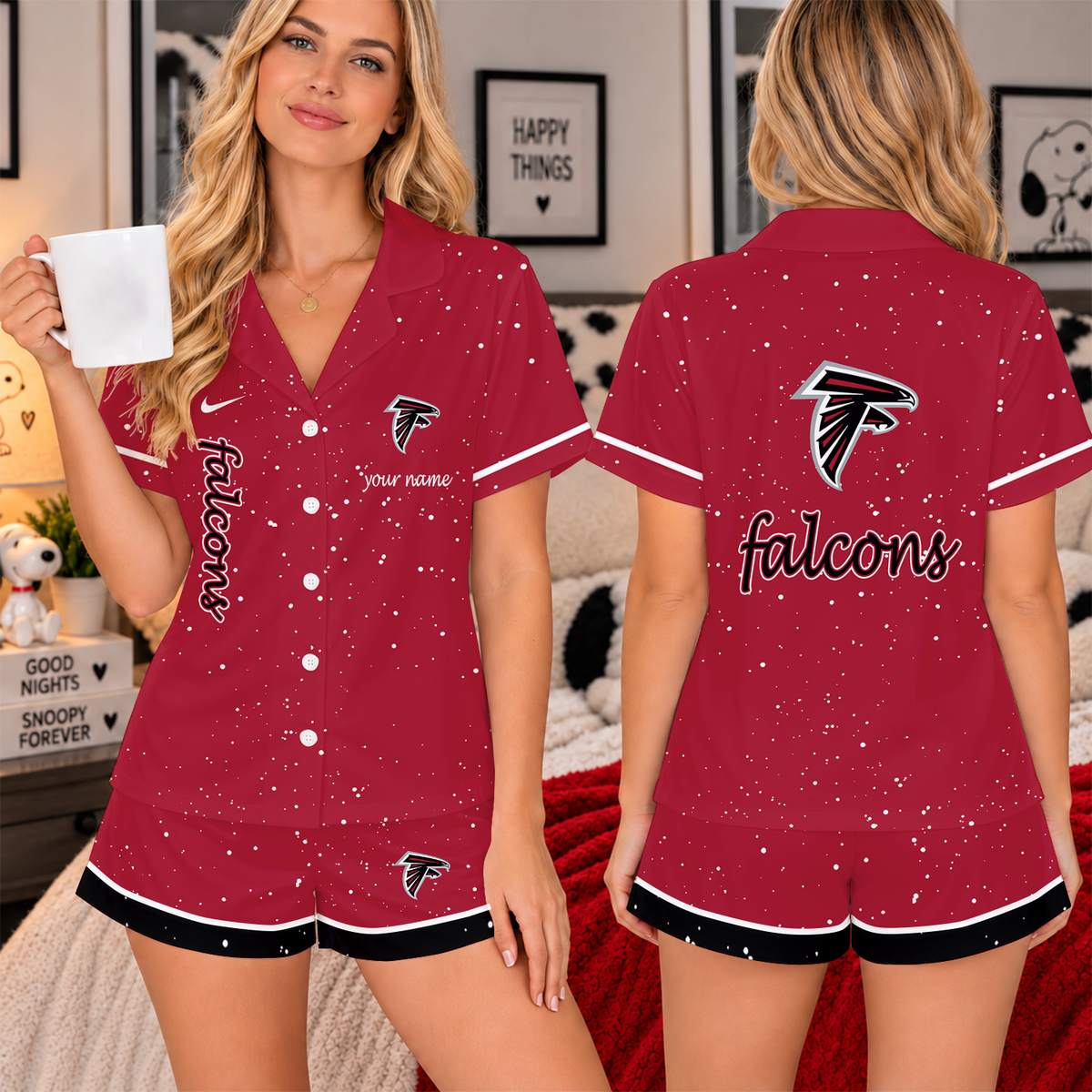 [TOUCHDOWN DEAL] NEW CUSTOMIZED NFL18 ATF THE FALCONS WOMEN'S V-NECK SHORT PAJAMAS SET