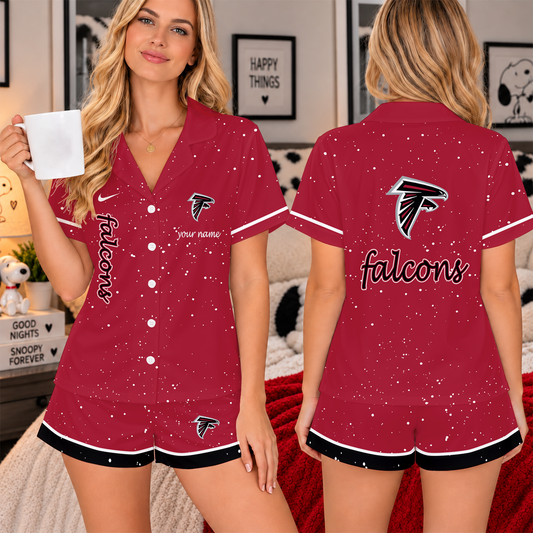 [TOUCHDOWN DEAL] NEW CUSTOMIZED NFL18 ATF THE FALCONS WOMEN'S V-NECK SHORT PAJAMAS SET