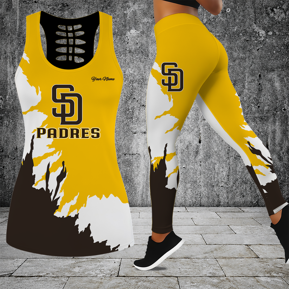 [HOMERUN DEAL] NEW CUSTOMIZED MLB18 SDP SAN DIEGO PADRES HOLLOW TANK TOP & LEGGINGS SET