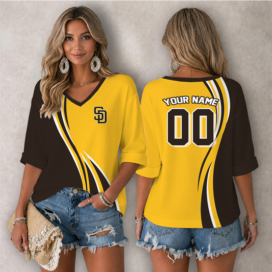 [HOMERUN DEAL] NEW CUSTOMIZED MLB18 SDP SAN DIEGO PADRES WOMEN'S HEART V-NECK LONG SLEEVE SHIRT