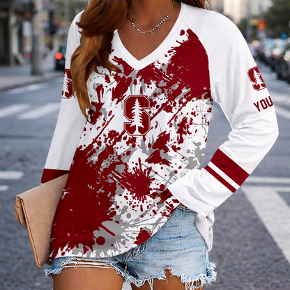 [FAN FAVORITE] NEW CUSTOMIZED NCAA CWS18 STC STANFORD CARDINAL WOMEN'S V-NECK LONG SLEEVED SHIRT