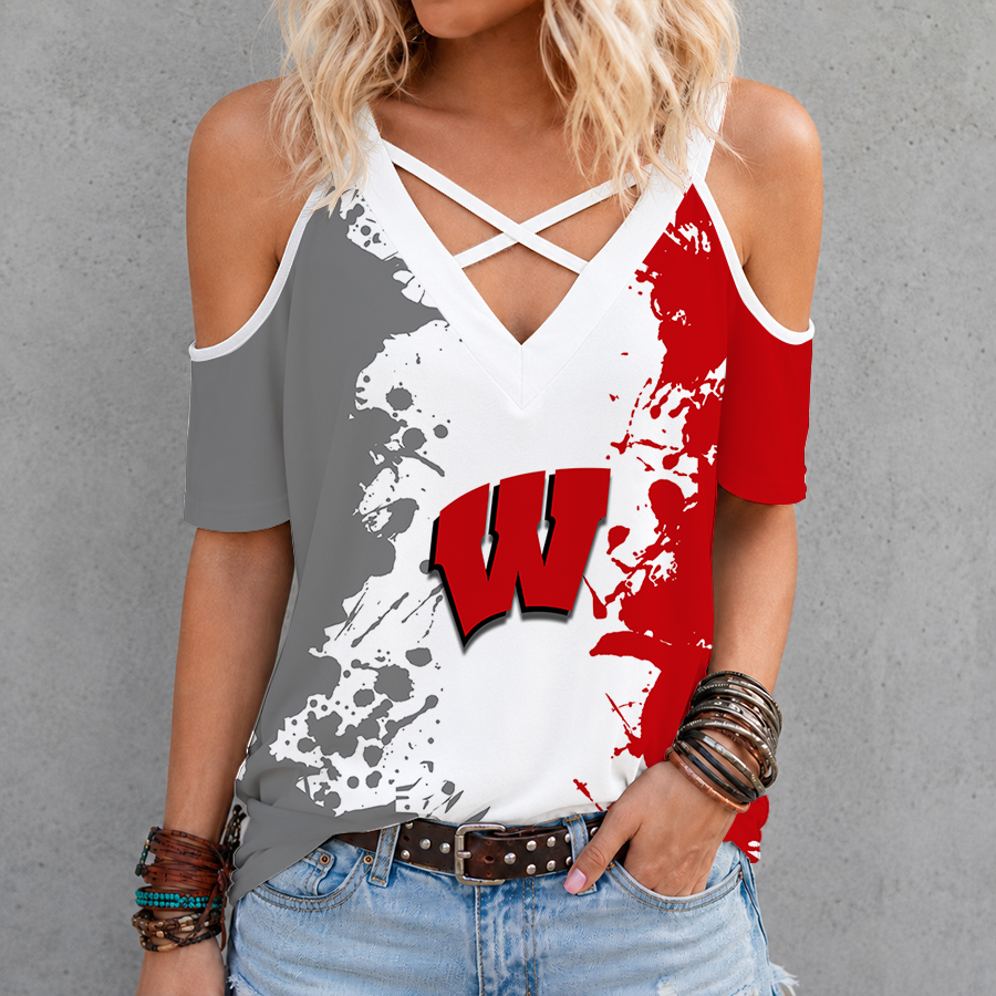 [TOUCHDOWN DEAL]NEW CUSTOMIZED NCAA FBS18 WSB WISCONSIN BADGERS CRISS CROSS V-NECK TOP