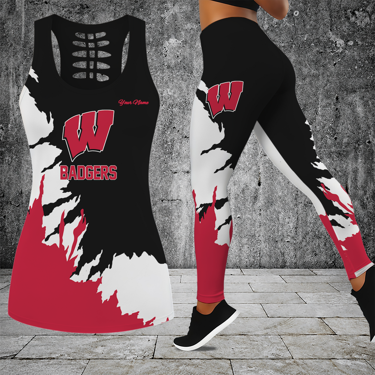 [TOUCHDOWN DEAL] NEW CUSTOMIZED NCAA FBS18 WSB WISCONSIN BADGERS HOLLOW TANK TOP & LEGGINGS SET