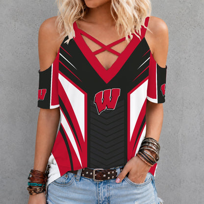 [TOUCHDOWN DEAL] NEW CUSTOMIZED NCAA FBS18 WSB WISCONSIN BADGERS CRISS CROSS V-NECK TOP