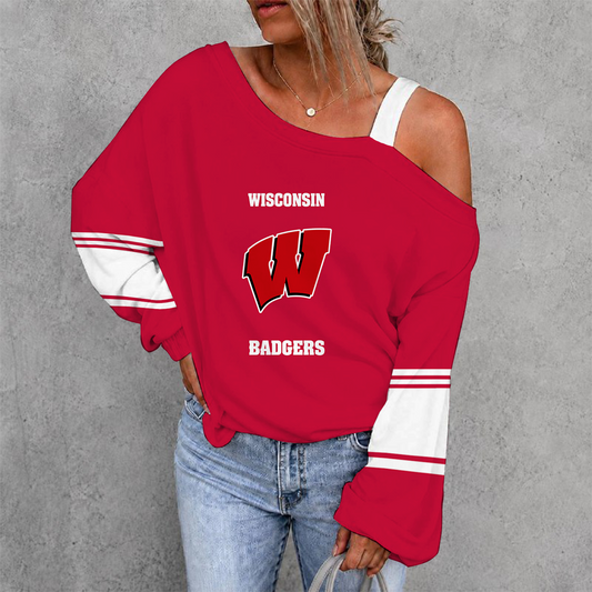 [TOUCHDOWN DEAL] NEW CUSTOMIZED NCAA FBS18 WSB WISCONSIN BADGERS WOMEN'S OFF-SHOULDER LONG SLEEVE SHIRT