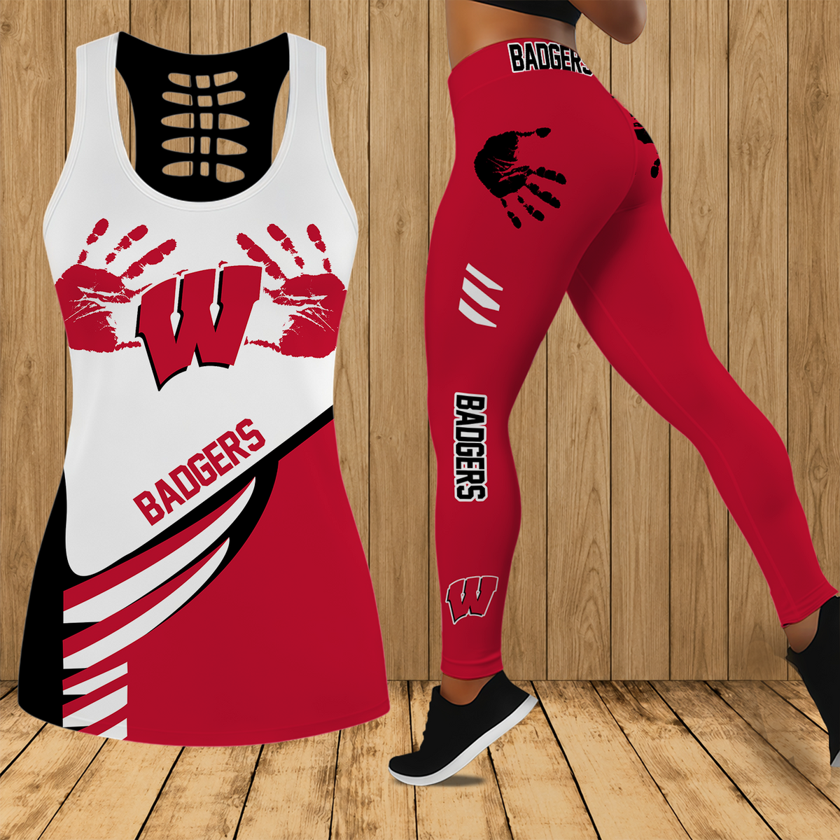 [TOUCHDOWN DEAL]NEW CUSTOMIZED NCAA FBS18 WSB WISCONSIN BADGERS HOLLOW TANK TOP & LEGGINGS SET