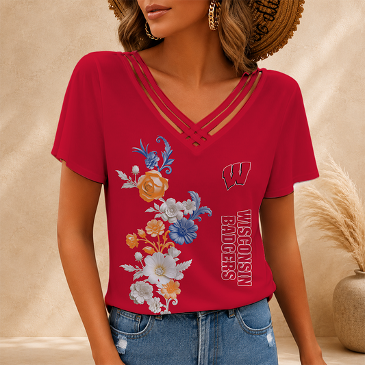 [FAN FAVORITE] NEW CUSTOMIZED NCAA FBS18 WSB WISCONSIN BADGERS V-NECK SHIRT