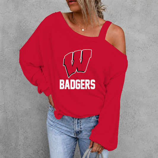 [TOUCHDOWN DEAL] NEW CUSTOMIZED NCAA FBS18 WSB WISCONSIN BADGERS WOMEN'S OFF-SHOULDER LONG SLEEVE SHIRT