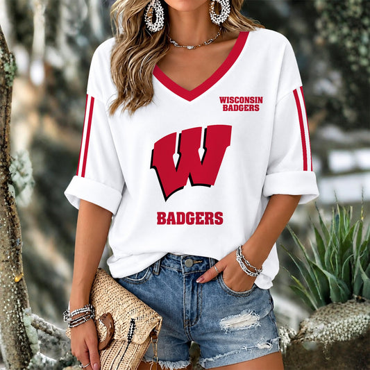[TOUCHDOWN DEAL] NEW CUSTOMIZED NCAA FBS18 WSB WISCONSIN BADGERS WOMEN'S V-NECK LONG SLEEVE SHIRT