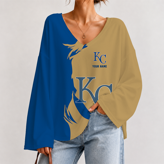 [HOMERUN DEAL] NEW CUSTOMIZED MLB19 KCR KANSAS CITY ROYALS V-NECK LONG SLEEVED CROP TOP