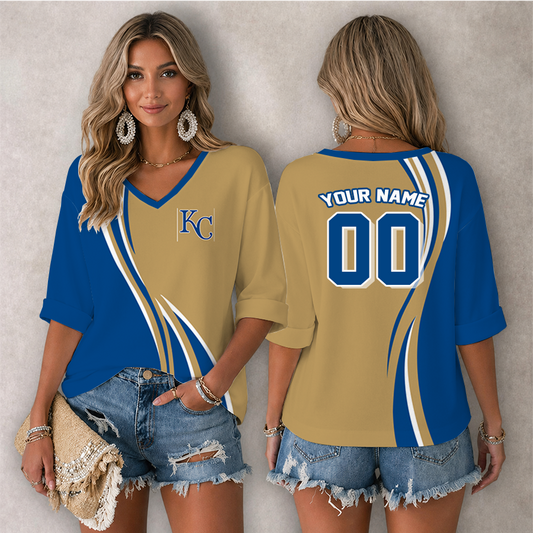 [HOMERUN DEAL] NEW CUSTOMIZED MLB19 KCR KANSAS CITY ROYALS WOMEN'S HEART V-NECK LONG SLEEVE SHIRT