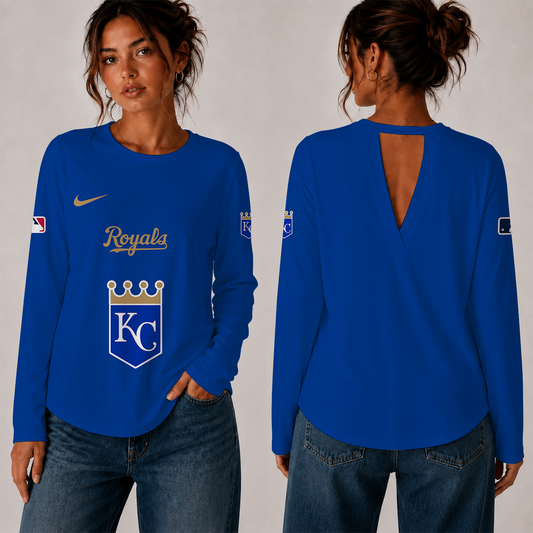 [HOMERUN DEAL] NEW CUSTOMIZED MLB19 KCR THE ROYALS WOMEN'S BACK V-CUT LONG-SLEEVE SHIRT