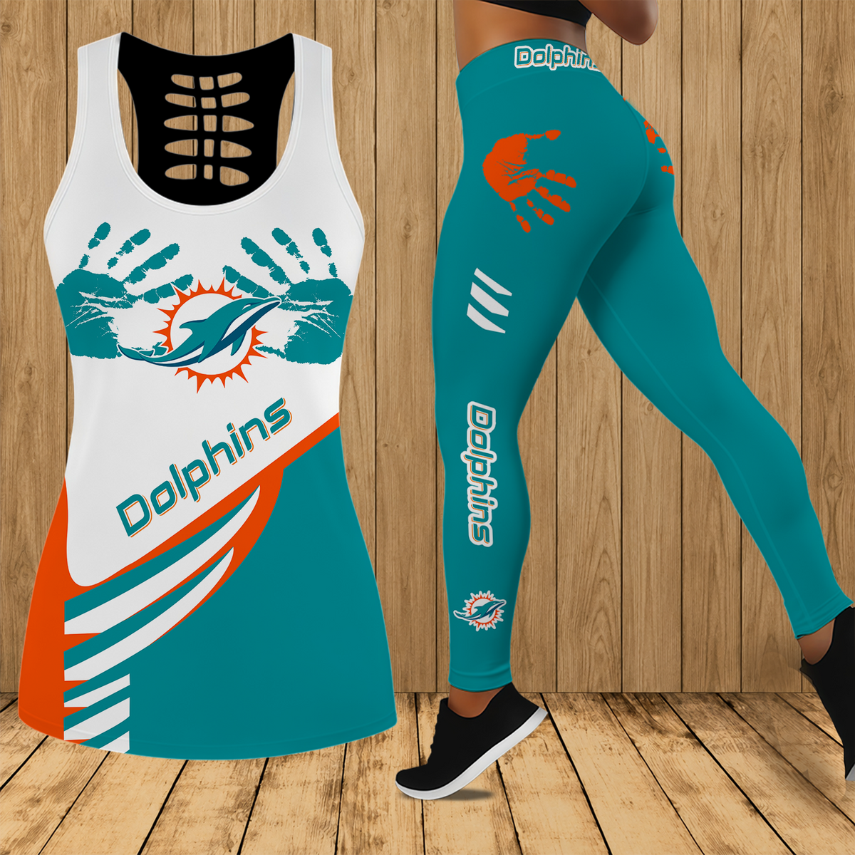 [TOUCHDOWN DEAL] NEW CUSTOMIZED NFL19 MDP MIAMI DOLPHINS HOLLOW TANK TOP & LEGGINGS SET