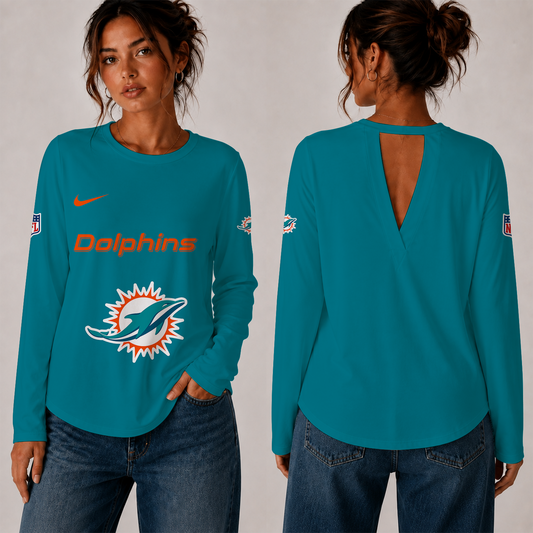 [TOUCHDOWN DEAL] NEW CUSTOMIZED NFL19 MDP THE DOLPHINS WOMEN'S BACK V-CUT LONG-SLEEVE SHIRT