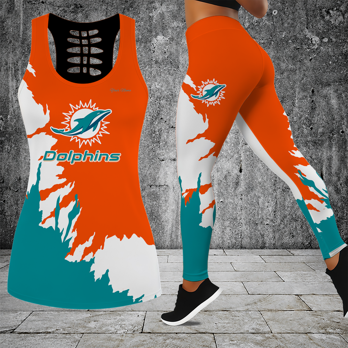 [TOUCHDOWN DEAL] NEW CUSTOMIZED NFL19 MDP MIAMI DOLPHINS HOLLOW TANK TOP & LEGGINGS SET