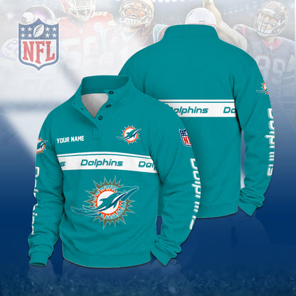 [TOUCHDOWN DEAL] NEW CUSTOMIZED NFL19 MDP THE DOLPHINS QUARTER-BUTTON STAND-COLLAR SWEATSHIRT