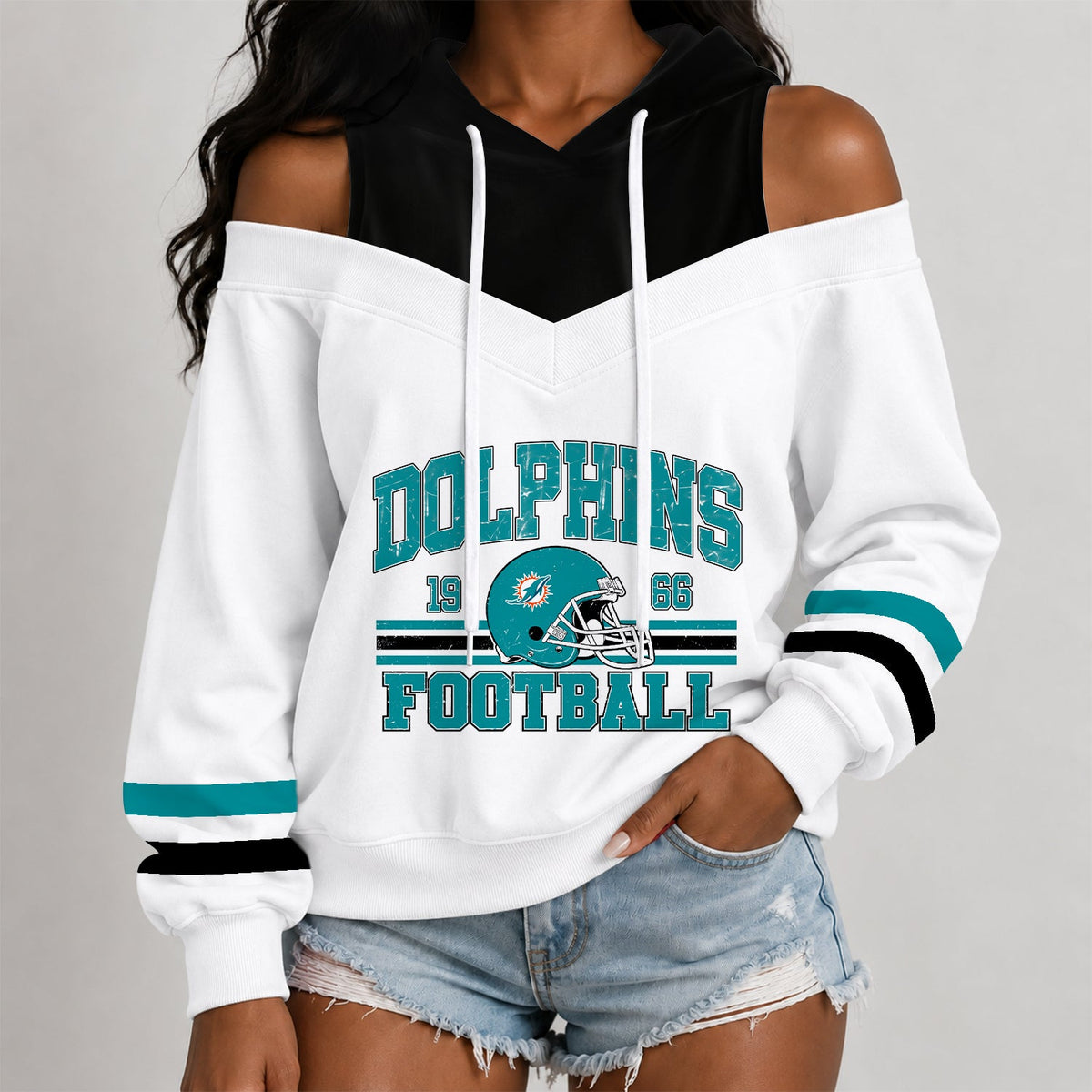 [TOUCHDOWN DEAL] NEW CUSTOMIZED NFL19 MDP THE DOLPHINS WOMEN'S OFF-SHOULDER HOODIE
