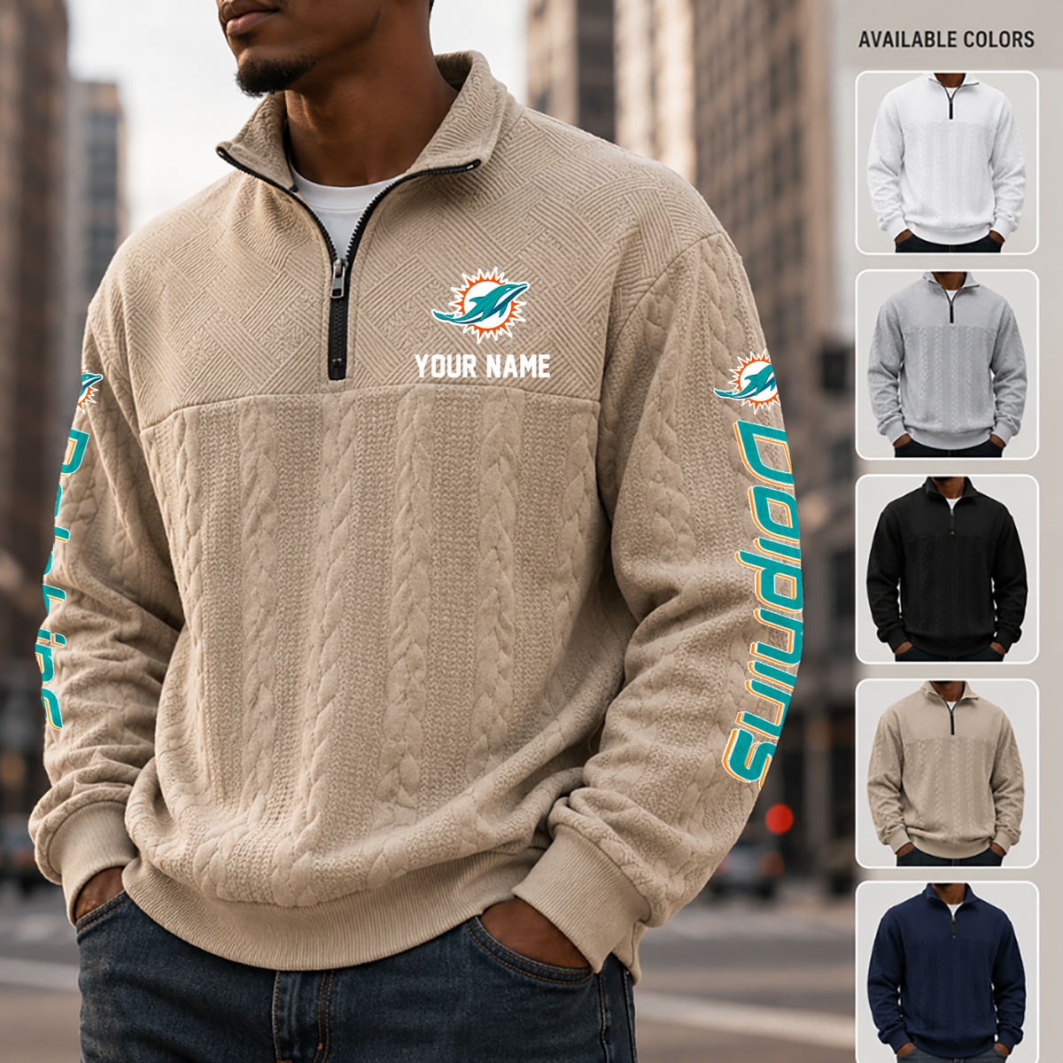 [TOUCHDOWN DEAL] NEW CUSTOMIZED NFL19 MDP MIAMI DOLPHINS MULTICOLOR QUARTER-ZIP SWEATSHIRT