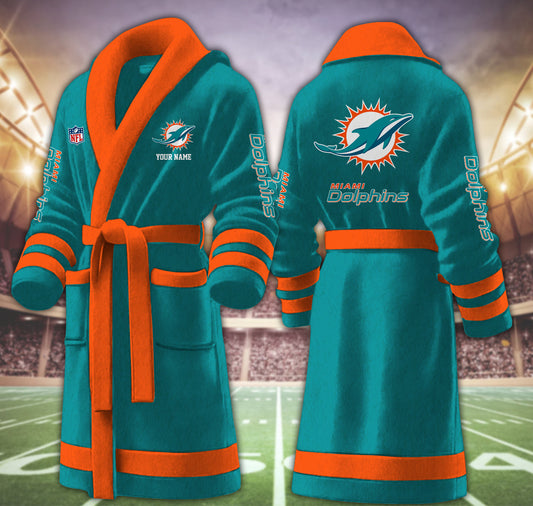 [TOUCHDOWN DEAL] NEW CUSTOMIZED NFL19 MDP MIAMI DOLPHINS MULTICOLOR FLEECE BATHROBE
