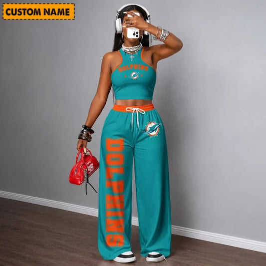 [TOUCHDOWN DEAL] NEW CUSTOMIZED NFL19 MDP MIAMI DOLPHINS WOMEN'S CROP TOP & LONGPANTS SET