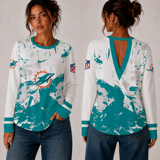 [TOUCHDOWN DEAL] NEW CUSTOMIZED NFL19 MDP MIAMI DOLPHINS WOMEN'S BACK V-CUT LONG-SLEEVE SHIRT