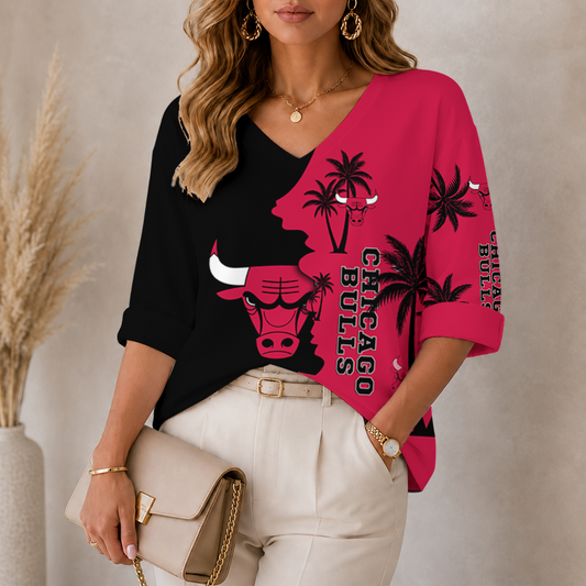 [HOT DEAL] NEW CUSTOMIZED NBA19 CBU CHICAGO BULLS WOMEN'S V-NECK LONG SLEEVE SHIRT