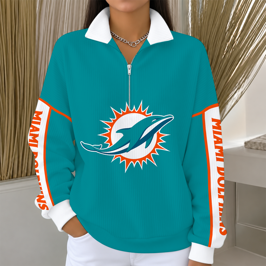 [TOUCHDOWN DEAL] NEW CUSTOMIZED NFL19 MDP MIAMI DOLPHINS QUARTER ZIP RIBBED SWEATER