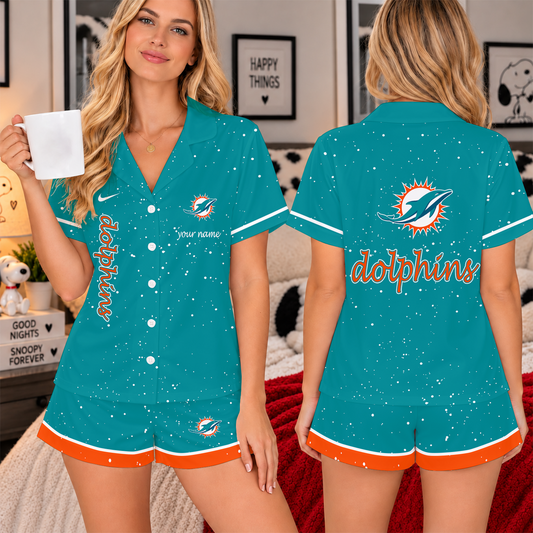 [TOUCHDOWN DEAL] NEW CUSTOMIZED NFL19 MDP THE DOLPHINS WOMEN'S V-NECK SHORT PAJAMAS SET