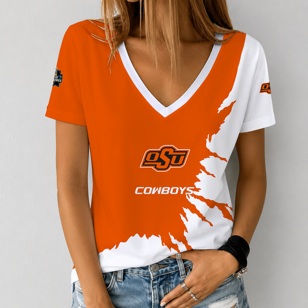 [HOMERUN DEAL] NEW CUSTOMIZED NCAA CWS19 OSC OKLAHOMA STATE COWBOYS V-NECK FEMALE SHIRT