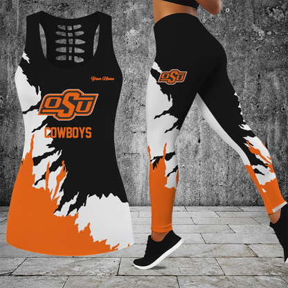 [HOMERUN DEAL] NEW CUSTOMIZED NCAA CWS19 OSC OKLAHOMA STATE COWBOYS HOLLOW TANK TOP & LEGGINGS SET