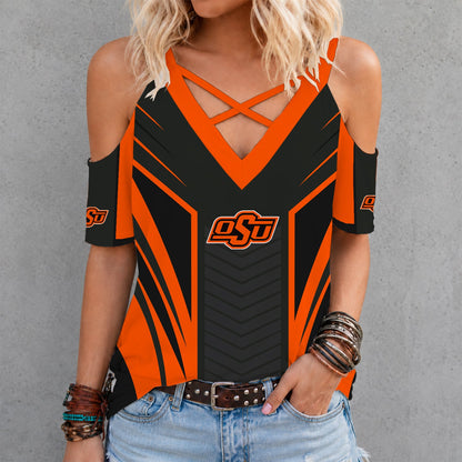 [HOMERUN DEAL] NEW CUSTOMIZED NCAA CWS19 OSC OKLAHOMA STATE COWBOYS CRISS CROSS V-NECK TOP