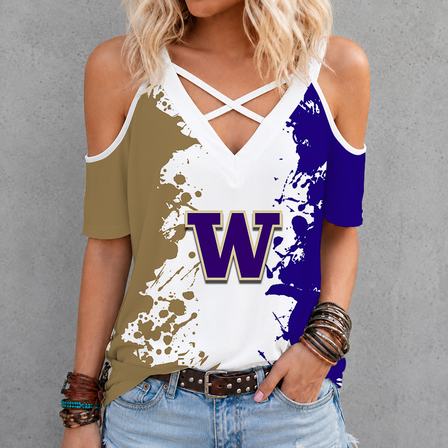[TOUCHDOWN DEAL]NEW CUSTOMIZED NCAA FBS19 WSH WASHINGTON HUSKIES CRISS CROSS V-NECK TOP