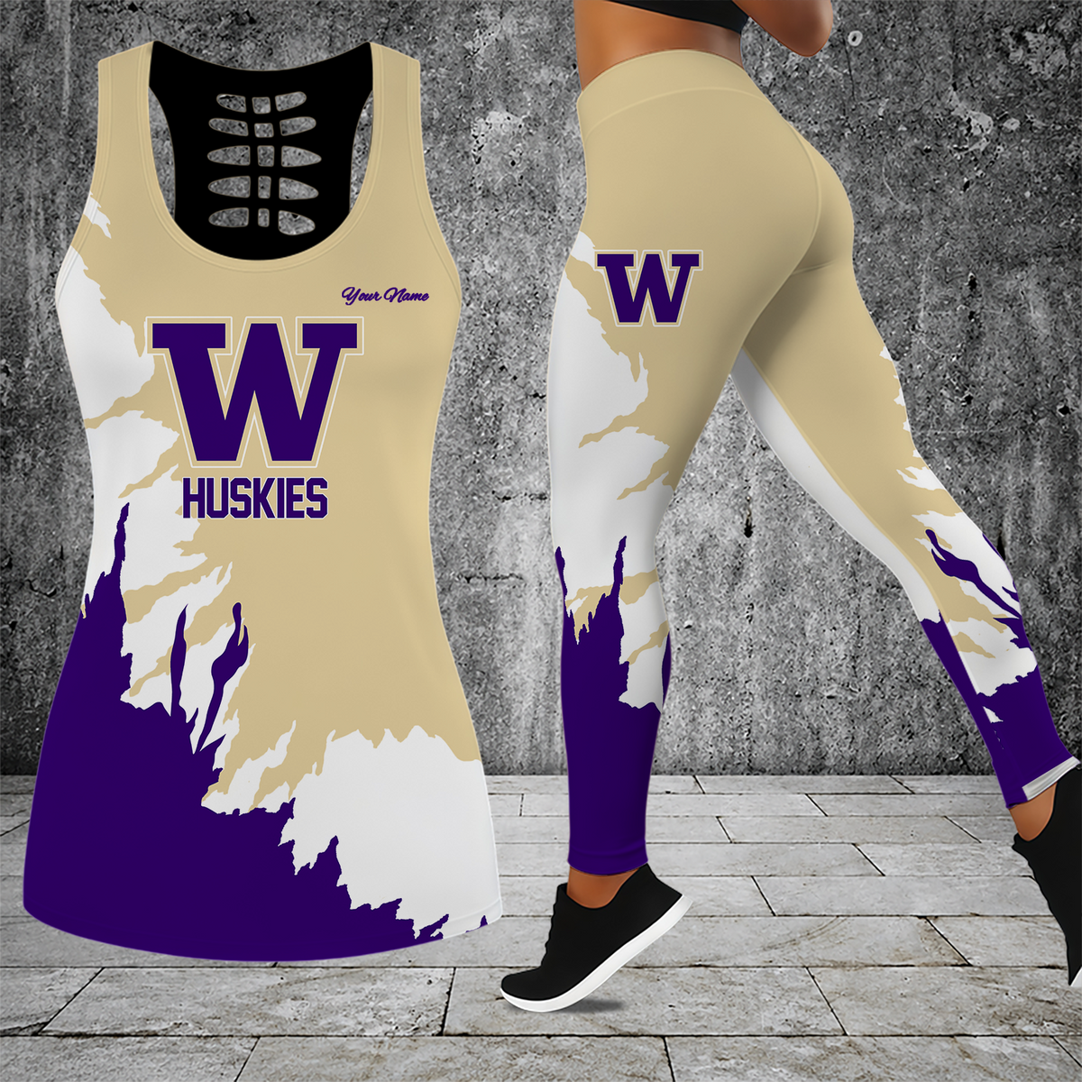 [TOUCHDOWN DEAL] NEW CUSTOMIZED NCAA FBS19 WSH WASHINGTON HUSKIES HOLLOW TANK TOP & LEGGINGS SET