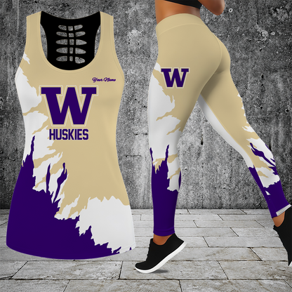[TOUCHDOWN DEAL] NEW CUSTOMIZED NCAA FBS19 WSH WASHINGTON HUSKIES HOLLOW TANK TOP & LEGGINGS SET