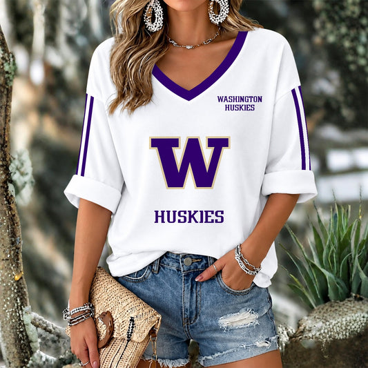 [TOUCHDOWN DEAL] NEW CUSTOMIZED NCAA FBS19 WSH WASHINGTON HUSKIES WOMEN'S V-NECK LONG SLEEVE SHIRT