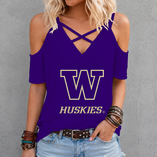 [TOUCHDOWN DEAL] NEW CUSTOMIZED NCAA FBS19 WSH WASHINGTON HUSKIES CRISS CROSS V-NECK TOP