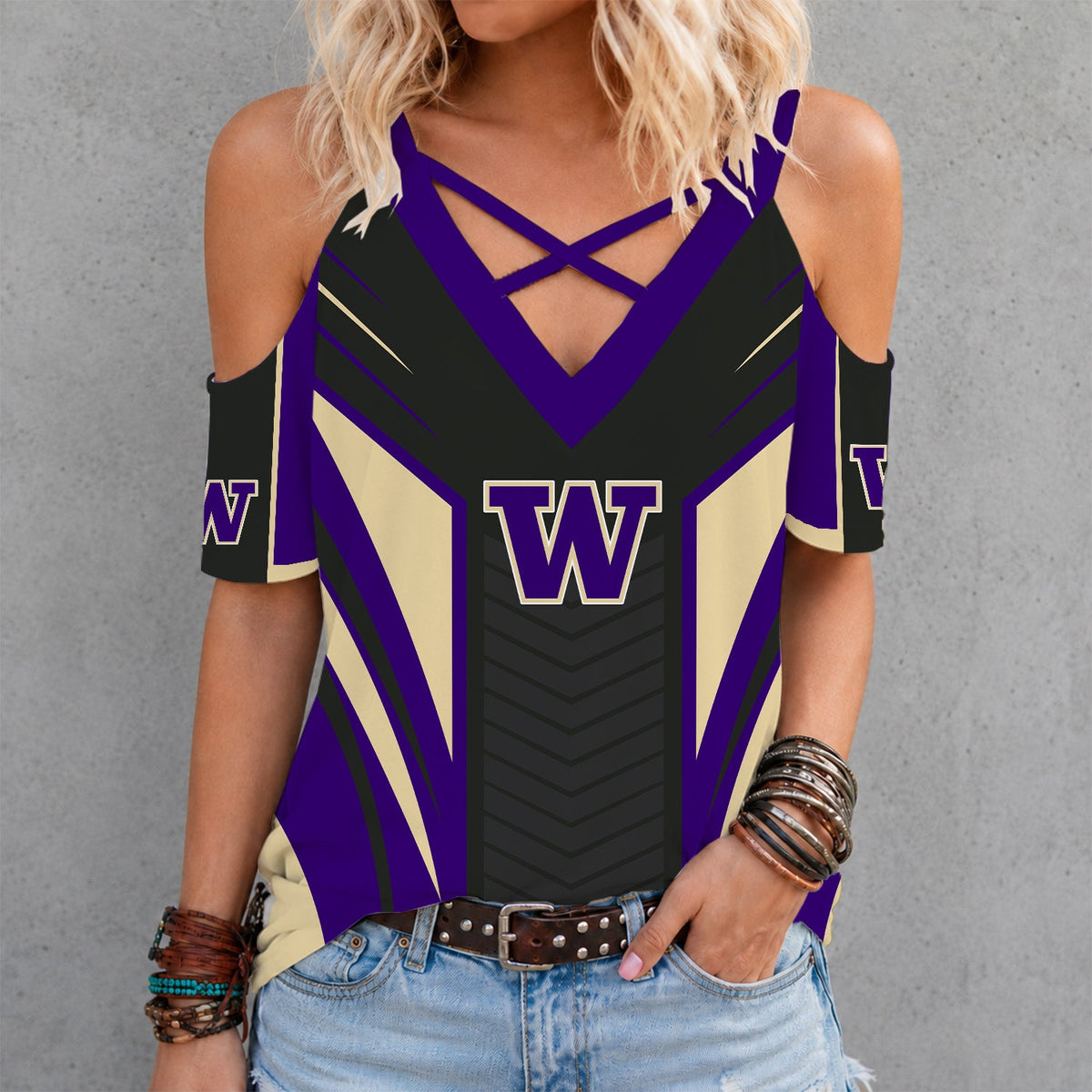 [TOUCHDOWN DEAL] NEW CUSTOMIZED NCAA FBS19 WSH WASHINGTON HUSKIES CRISS CROSS V-NECK TOP
