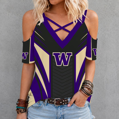[TOUCHDOWN DEAL] NEW CUSTOMIZED NCAA FBS19 WSH WASHINGTON HUSKIES CRISS CROSS V-NECK TOP