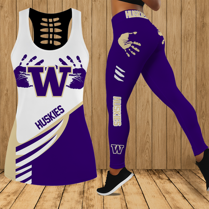 [TOUCHDOWN DEAL]NEW CUSTOMIZED NCAA FBS19 WSH WASHINGTON HUSKIES HOLLOW TANK TOP & LEGGINGS SET