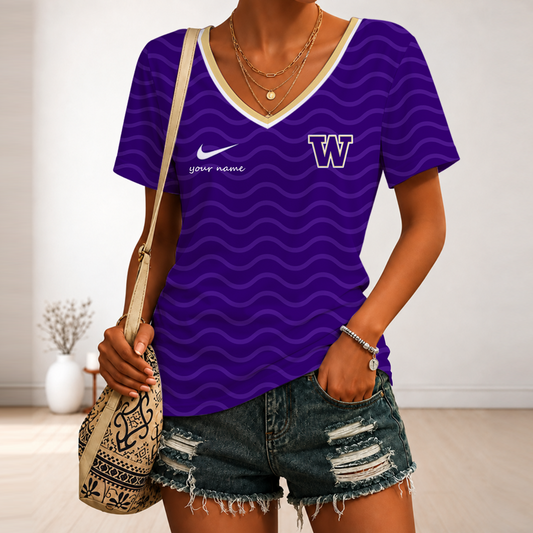 [TOUCHDOWN DEAL]NEW CUSTOMIZED NCAA FBS19 WSH WASHINGTON HUSKIES V-NECK FEMALE SHIRT