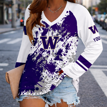 [TOUCHDOWN DEAL] NEW CUSTOMIZED NCAA FBS19 WSH WASHINGTON HUSKIES WOMEN'S V-NECK LONG SLEEVED SHIRT